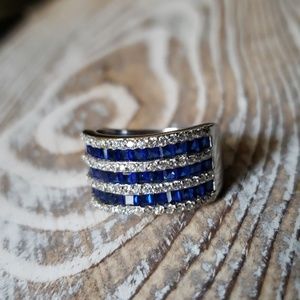 SS Wide band Blue and White Striped cz ring sz 9
